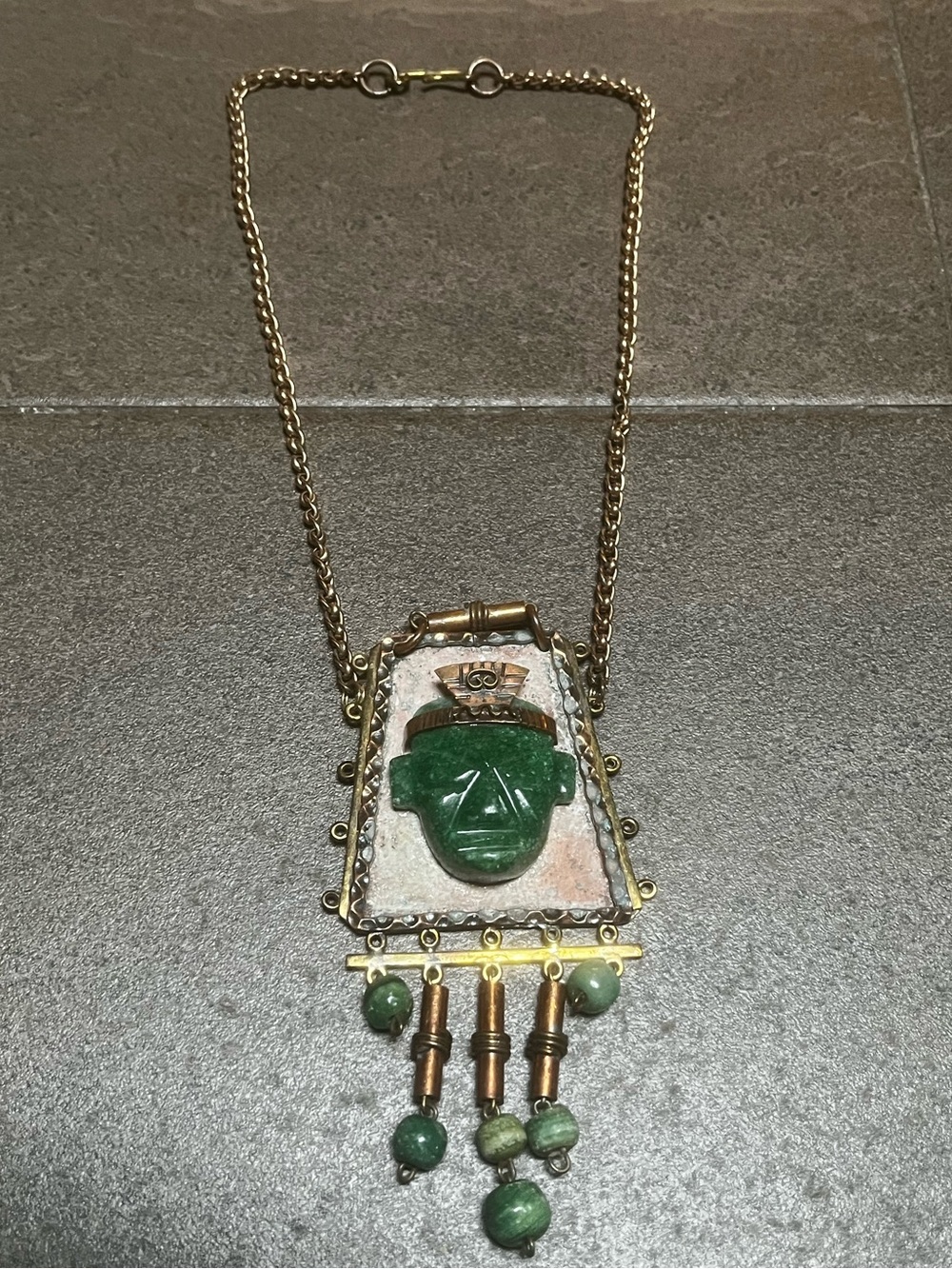 Vintage Statement Carved Malachite Mayan Aztec Warriorβ Necklace Copper Mexico